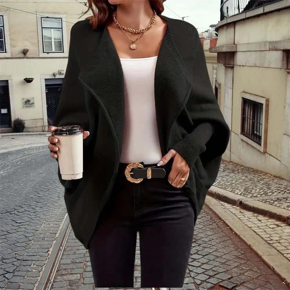 Elegant Long Sleeve Cardigan Black with Collar and Batwing Style for Women Small